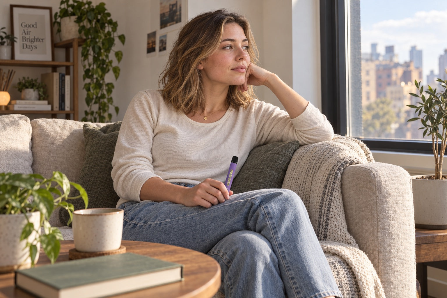 Illustrative adult taking a quiet break beside a window, holding a purple GEKE ZERO stick